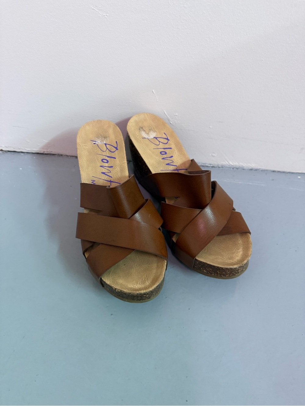 Blowfish Brown Leather Crisscross Mule Wedges